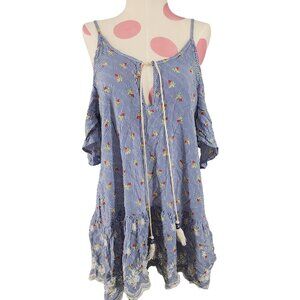 Women's Nu Label Striped Floral Cold Shoulder Blouse 100% Rayon Ruffle Sleeve M